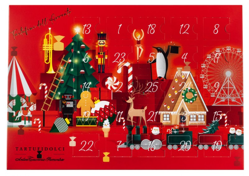 Calendario dell`Avvento il Villaggio di Natale, Calendario de Adviento con Tartufini dolci mixtos, Antica Torroneria Piemontese - 175g - Pedazo