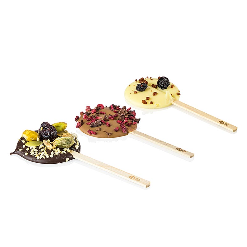 Lecca lecca di cioccolato, 3 tipi, Ø 4,5 x 11 cm - 570 g, circa 44 pezzi - Cartone Lecca lecca di cioccolato, 3 tipi, Ø 4,5 x 11 cm - 570 g, circa 44 pezzi - Cartone