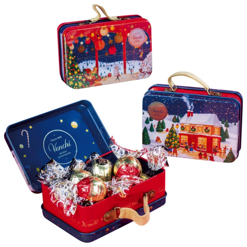 Mini bagazh dimeror blu, cokollata me mousse cokollate ne kuti metalike per Krishtlindje, Venchi - 60 g - Pjese