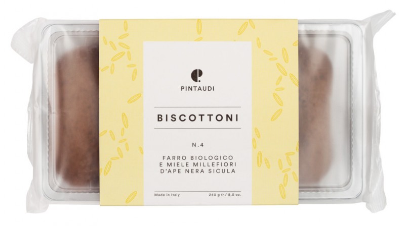 Biscottoni n. 4 farro biologico e miele millefiori, biscoitos com farinha de espelta integral e mel, Pintaudi - 240g - pacote