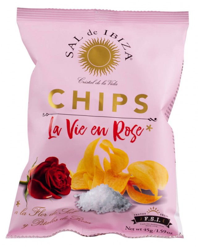 Patates fregides La vie en rose, patates fregides amb sabor a rosa i Flor de sal, Sal d`Eivissa - 45 g - Peca