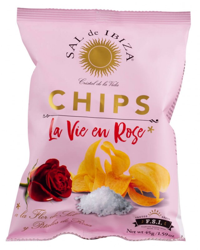 Kerepek La vie en rose, kerepek kentang dengan rasa mawar dan Fleur de Sel, Sal de Ibiza - 45g - sekeping Kerepek La vie en rose, kerepek kentang dengan rasa mawar dan Fleur de Sel, Sal de Ibiza - 45g - sekeping