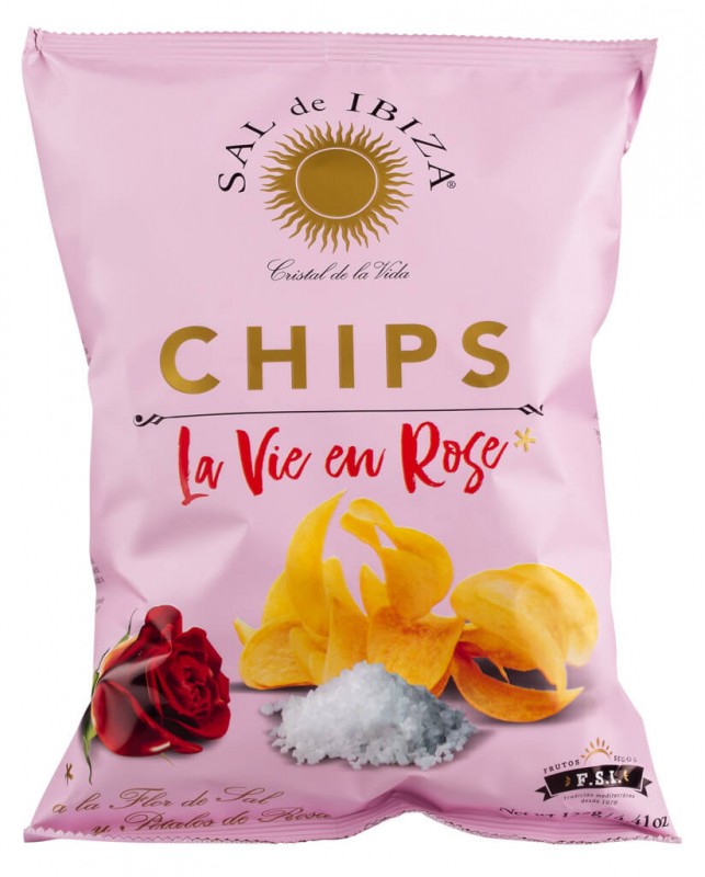 Chips La vie en rose, patatas chips con sabor a rosas y Flor de Sal, Sal de Ibiza - 125g - Pedazo