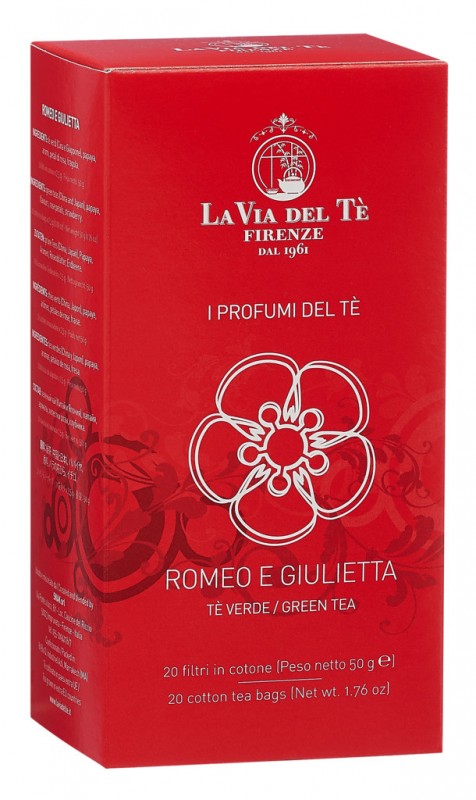 Romeo e Giulietta, cha verde com mamao, morango e petalas de rosa, La Via del Te - 20x2,5g - pacote