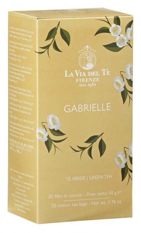 Gabrielle, teh hijau dengan mawar dan Bunga matahari, pepaya, La Via del Te - 20x2,5 gram - mengemas