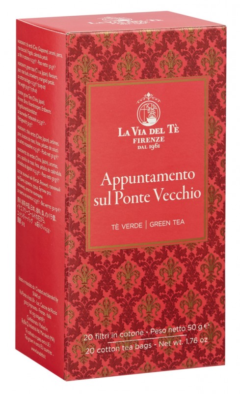 Appuntamento sul Ponte Vecchio, cha verde com morangos e mistura de flores, La Via del Te - 20x2,5g - pacote