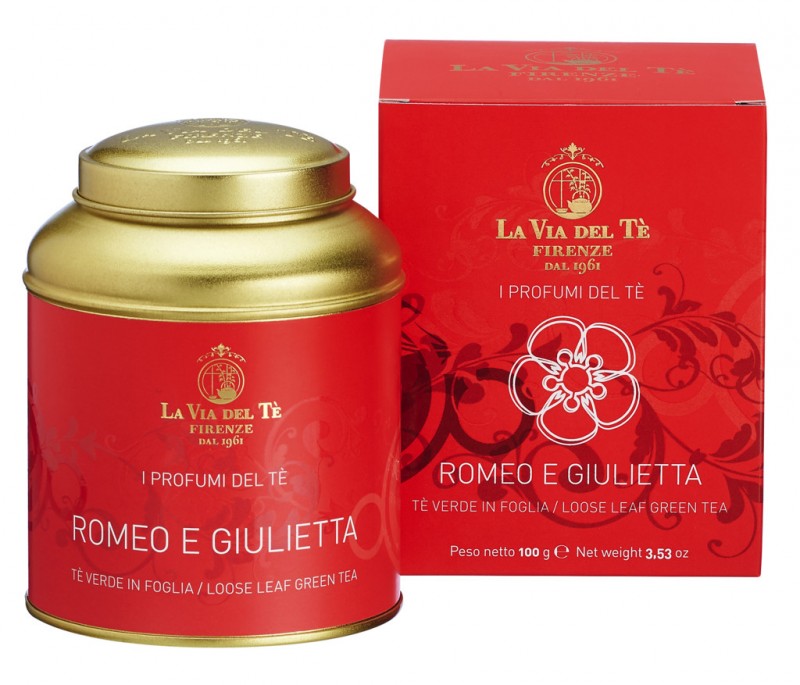 Romeo och Giulietta, gront te med papaya, jordgubbar och rosenblad, La Via del Te - 100 g - burk