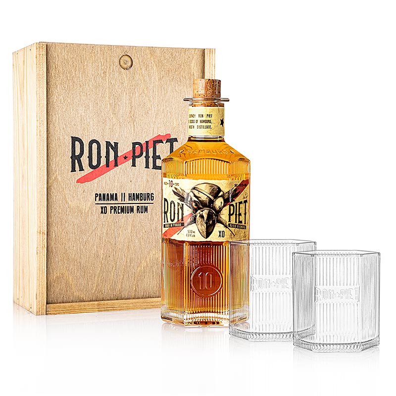 Ron Piet Panama Rum, 10 ar, 40% vol., presentforpackning med 2 glas - 500 ml - Flaska
