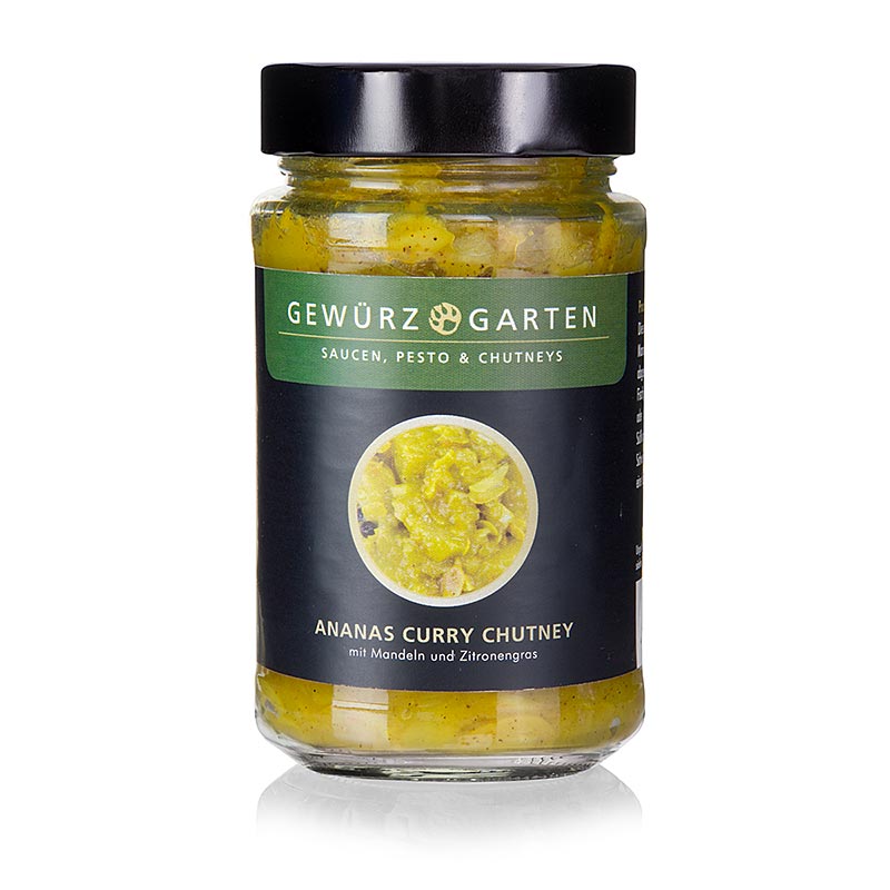 Spice Garden Pineapple Curry Chutney, jossa on manteleita, seljankukkaa ja sitruunaruohoa - 225 ml - Lasi