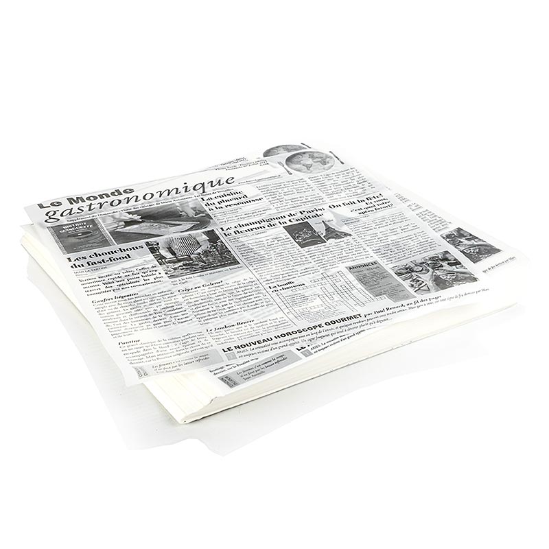 Kertas snek pakai buang dengan cetakan akhbar, lebih kurang 290x300mm, le monde gastro - 500 helai - kerajang