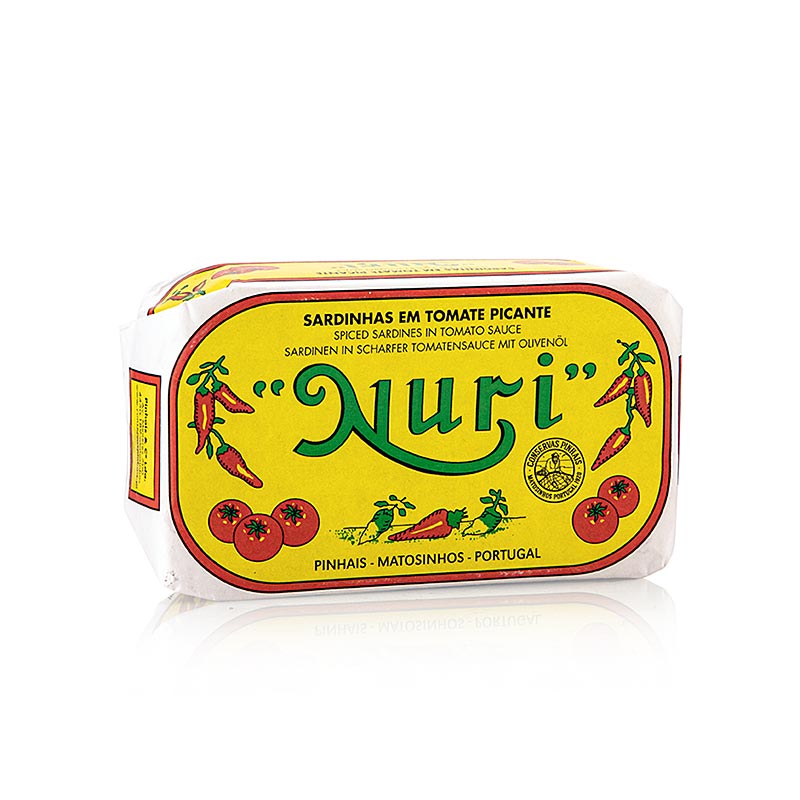 Sarden, utuh, dalam minyak zaitun dan saus tomat pedas, 3-5 potong, Nuri (Portugal) - 125 gram - Bisa