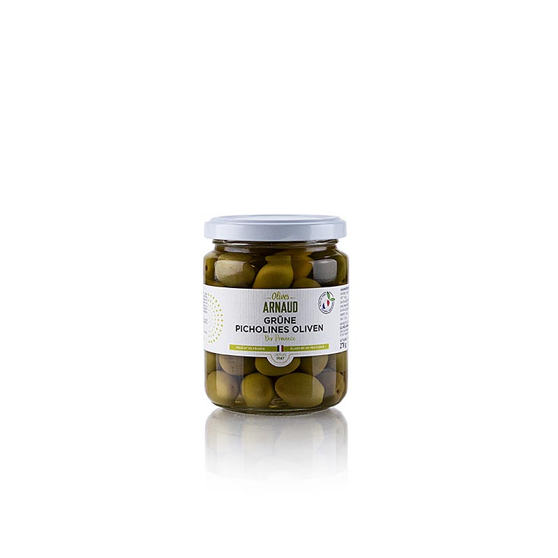 Vihreat oliivit, kivella, Picholine-oliivit, Arnaud - 278 g - Lasi