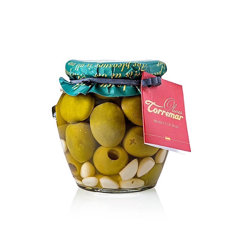 Olives verdes, sense pinyol, Gordal, amb romani i all, Torremar SL - 580 g - Vidre