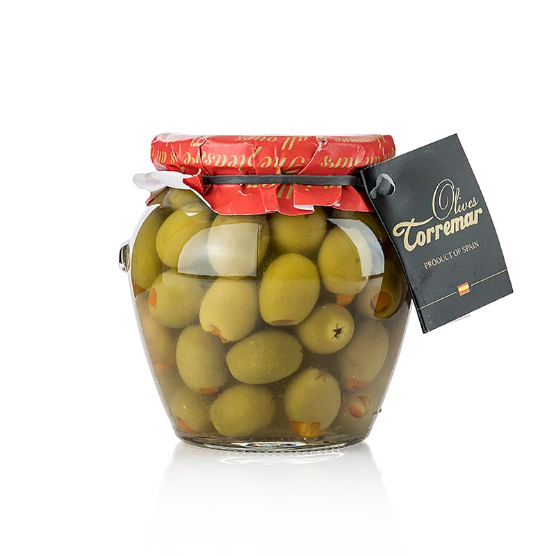 Grona oliver, med grop, Manzanilla, med apelsin, Torremar SL - 580 g - Glas