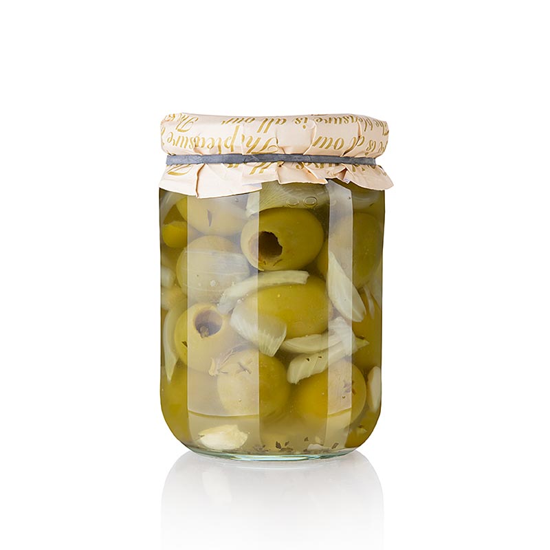 Olives vertes, dénoyautées, Gordal, avec oignons, Torremar SL - 580g - Verre