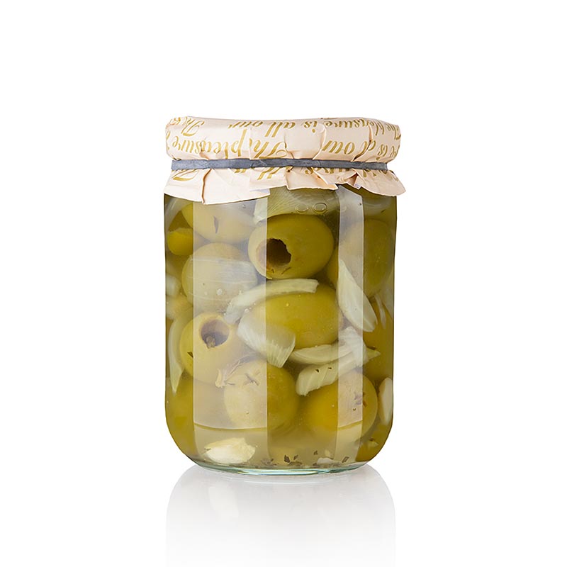Olive verdi denocciolate Gordal con cipolle Torremar SL - 580 g - Bicchiere