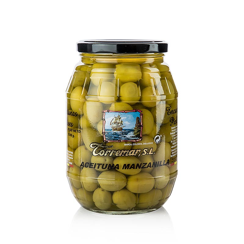 Olives verdes, amb pinyol, Manzanilla, Torremar SL - 1 kg - Vidre