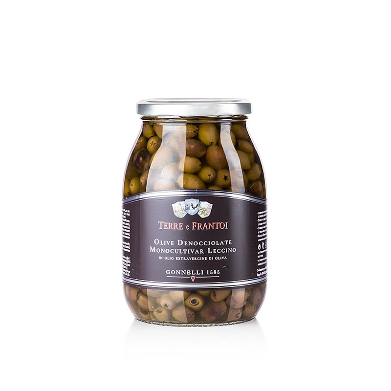 Olives negres, sense pinyol (Denocciolate), en oli d`oliva, Terre e Frantoi Gonnelli - 950 g - Vidre