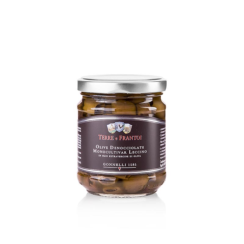 Svarte oliven, uthulet (Denocciolate), i olivenolje, Terre e Frantoi Gonnelli - 180 g - Glass