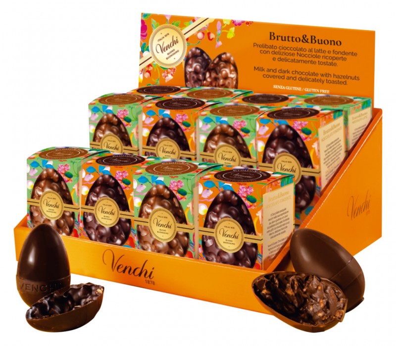 Mignon bruto y bueno huevos de avellanas surtidos, chocolate negro + huevos de chocolate con leche entera con avellanas, expositor, Venchi - 12x70g - mostrar