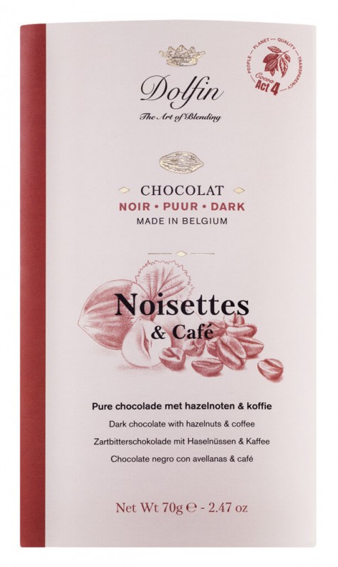 Tabletti, Chocolat noir, Noisettes ja Cafe, tumma suklaa hasselpahkinoilla ja kahvilla, Dolfin - 70 g - Pala