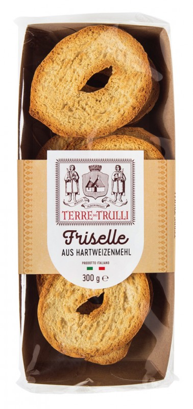 Friselle Tradizionali, kepingan roti keras dengan gandum durum, Terre dei Trulli - 300g - pek Friselle Tradizionali, kepingan roti keras dengan gandum durum, Terre dei Trulli - 300g - pek