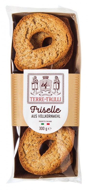 Friselle Integrali, irisan roti keras dengan tepung terigu utuh, Terre dei Trulli - 300 gram - mengemas