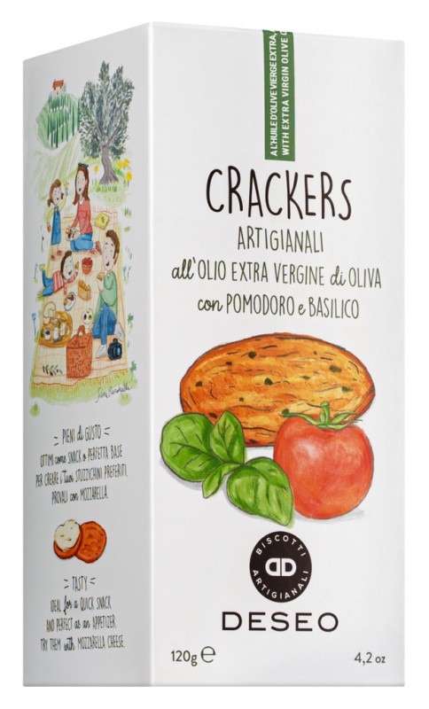 Crackers allolio e.vergine, pomodoro i basilico, crackers amb nativa. Oli d`oliva extra, tomaquet, alfabrega, deseo - 120 g - paquet