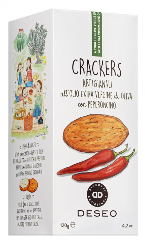 Crackers all`olio extra vergine di oliva con peperoncino, crackers all`olio extra vergine di oliva e peperoncino, deseo - 120 g - pacchetto