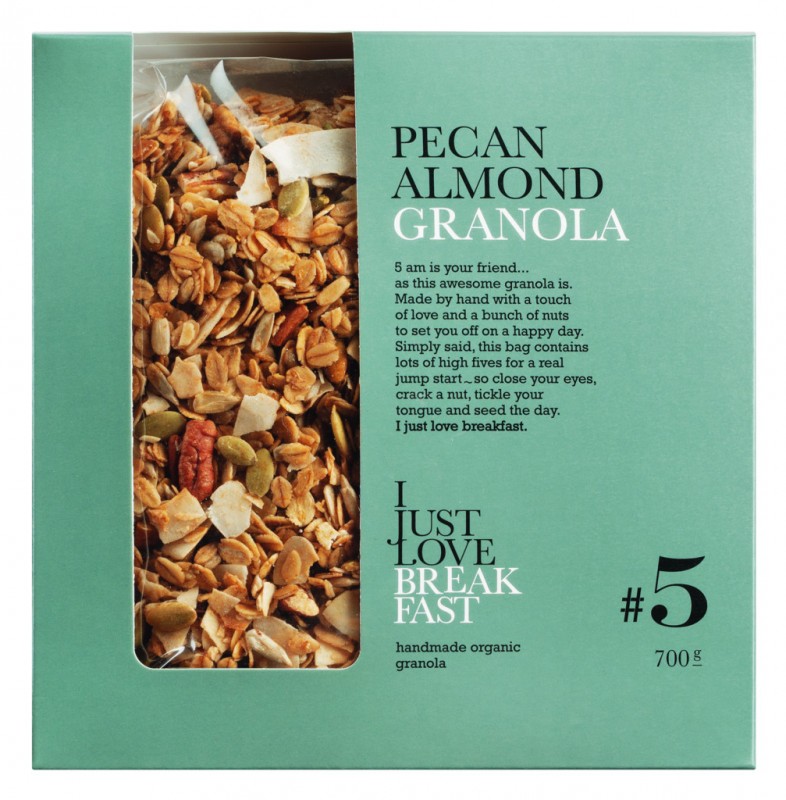 No. 5 Pecan Almond Granola, luomu, Big Pack, rapea mysli pekaanipahkinoilla ja manteleilla, luomu, I Just Love Breakfast - 700g - laukku
