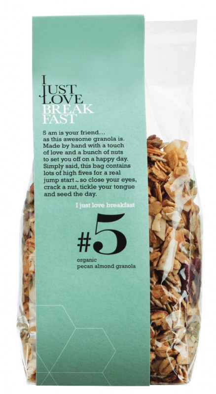 Nr. 5 Granola me bajame pecan, muesli organike, krokante me pekan dhe bajame, organike, I Just Love Breakfast - 250 g - paketoj