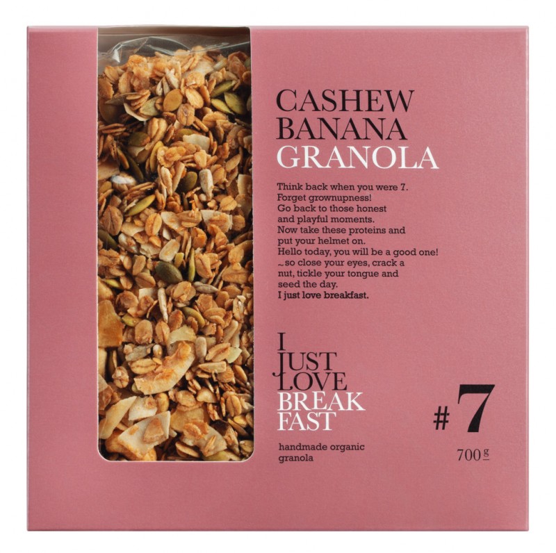 Nro 7 Cashew Banana Granola, luomu, Big Pack, rapea mysli cashewpahkinoilla + banaanilastut, luomu, I Just Love Breakfast - 700g - laukku