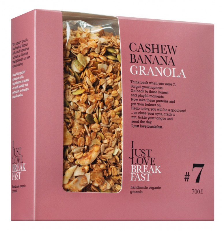 No. 7 Cashew Banana Granola, organik, Big Pack, muesli rangup dengan gajus + kerepek pisang, organik, I Just Love Breakfast - 700g - beg