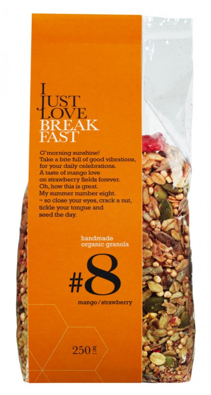 nr. 8 Mango Strawberry Granola, oekologisk, sproe musli med jordbaer og mango, oekologisk, I Just Love Breakfast - 250 g - pakke