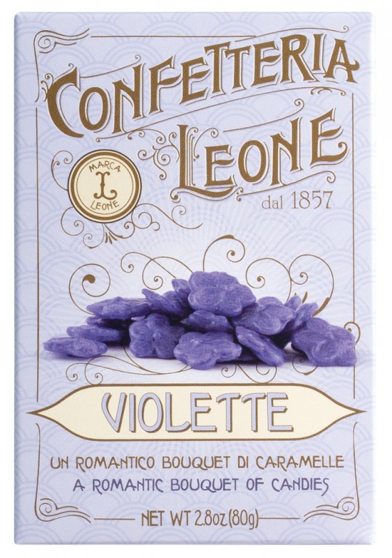 Astuccio violette, violetti makuisia karkkeja, Leone - 80 g - pakkaus