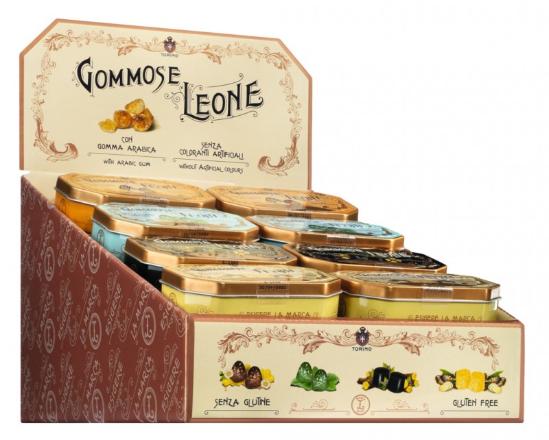 Espositore assortito lattine gommose, dulces de gelatina, ordenados en exhibicion, Leone - 24x42g - mostrar