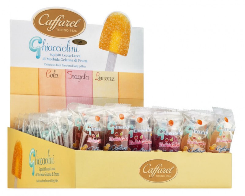 Lolly Jelly, display, fruktgele lollipops assortert, display, Caffarel - 108 x 20 g - vise