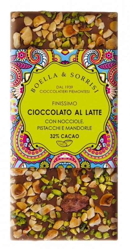 Cioccolato latte pistacho, nocciole + mandorle, chocolate con leche con mezcla de frutos secos, boella + sorrisi - 100 gramos - Pedazo