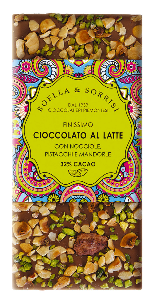 Cioccolato latte pistacchio, nocciole mandorle, mjolkursukkuladhi medh blondudhum hnetum, Boella Sorrisi - 100 g - Stykki