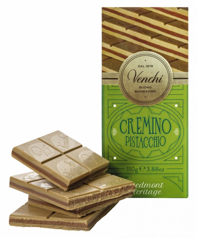 Barra cremino de pistacho, chocolate con pistacho Gianduia, ligeramente salado, Venchi - 110g - Pedazo