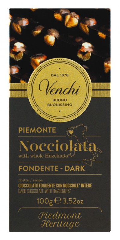 Tumma suklaa hasselpahkinapatukka, tumma suklaa kokonaisilla hasselpahkinoilla, Venchi - 100 g - Pala