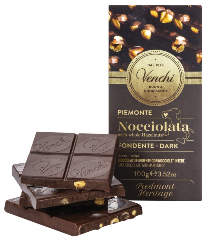 Tumma suklaa hasselpahkinapatukka, tumma suklaa kokonaisilla hasselpahkinoilla, Venchi - 100 g - Pala