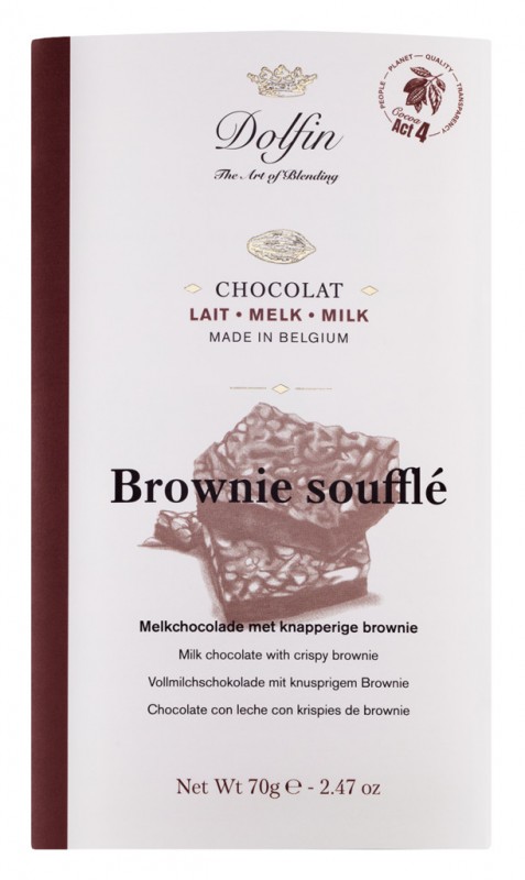 Tableta, souffles de brownies con leche, chocolate con leche con brownie crujiente, Dolfin - 70g - Pedazo