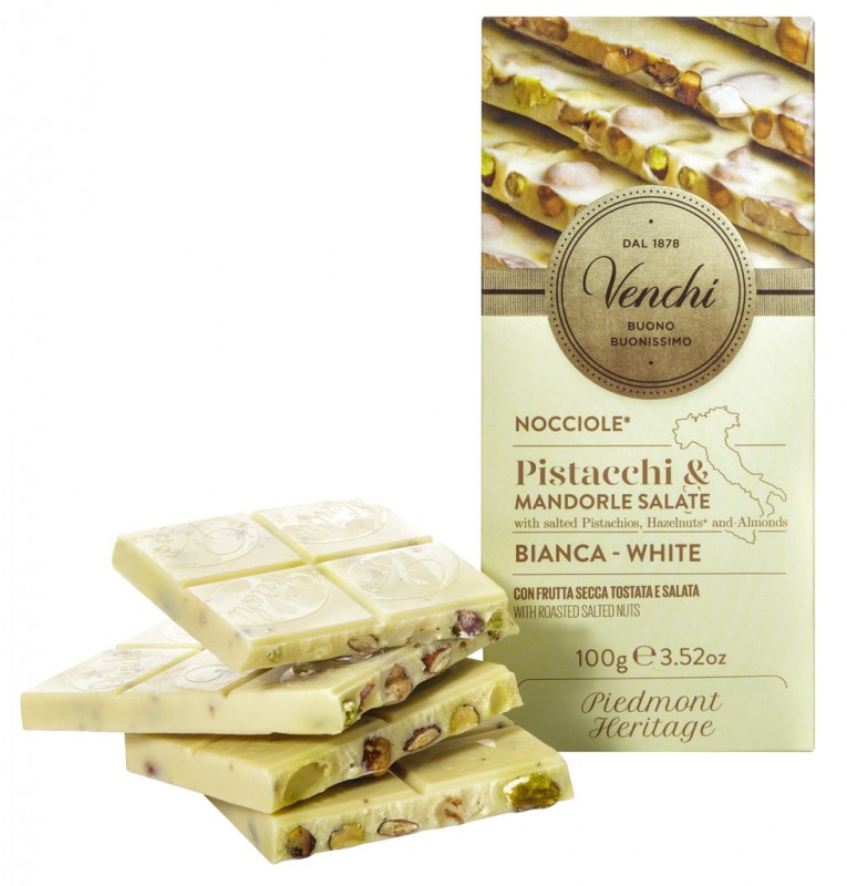 Barra de chocolate branco com nozes salgadas, chocolate branco com nozes salgadas, Venchi - 100g - Pedaco