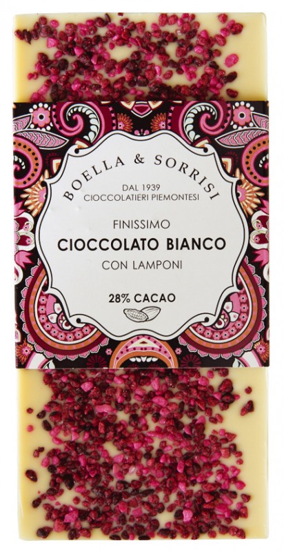 Cioccolato bianco con croccante al gusto lampone, chocolate branco com crocante sabor framboesa, boella + sorrisi - 100g - Pedaco