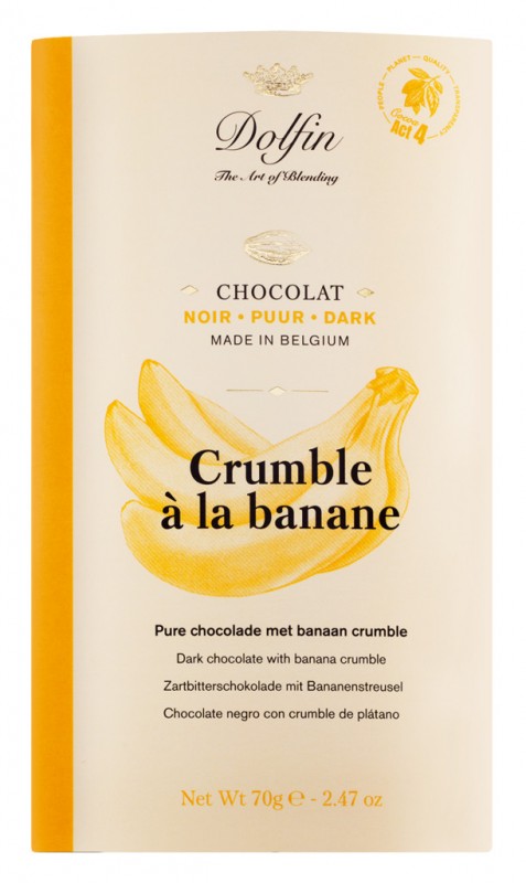 Tableta, crumble negro a la banana, chocolate negro con crumble de platano, Dolfin - 70g - Pedazo