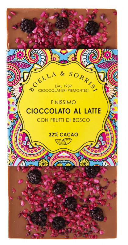 Cioccolato latte frutti di bosco, cioccolato al latte con frutti di bosco, boella + sorrisi - 100 grammi - Pezzo