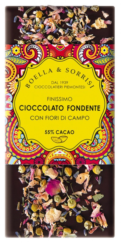 Cioccolato fondente fiori di campo, coklat hitam dengan bunga, Boella + Sorrisi - 100 gram - Bagian
