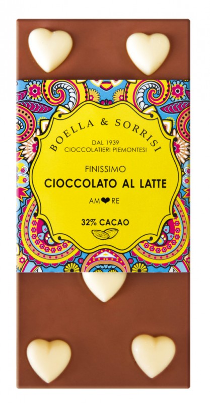 Cioccolato al latte Amore, cioccolato al latte con cuori bianchi, Boella + Sorrisi - 100 grammi - Pezzo