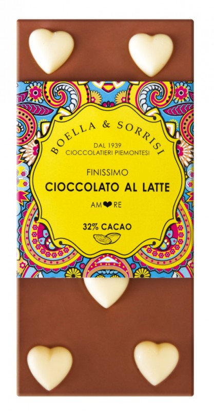 Cioccolato al latte Amore, cokollate qumeshti me zemra te bardha, Boella + Sorrisi - 100 g - Pjese